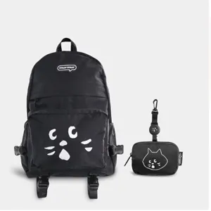 Zaino in tela nera simpatico design con viso di gatto e tasca abbinata per studenti scuola