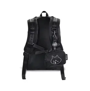 Zaino in tela nera design carino viso di gatto zainetto scolastico casual giornaliero