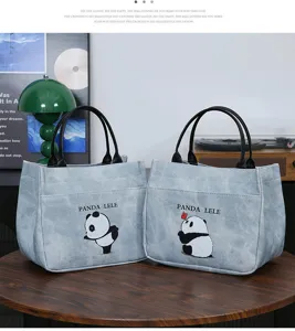 Cute cartoon panda print PU leather handbag waterproof lunch box tote bag for women daily use.