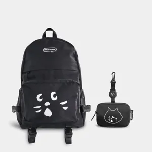 Zaino nero grande capacità gatto cartone animato, borsa carina con piccola tasca.