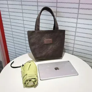 Brown PU leather tote bag detail view, minimalist large capacity handbag for daily use.