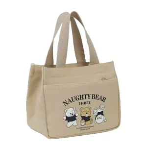 Canvas tote bag cute bear print lunch bag casual handbag for women daily commuting use