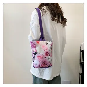 Casual floral canvas bucket bag with purple shoulder strap, lightweight daily tote for women.