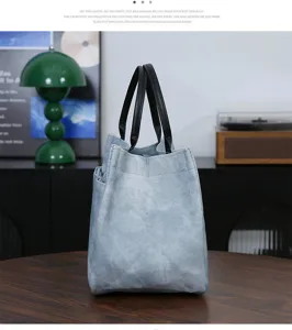 Denim style PU handbag casual tote retro lunch bag daily versatile shoulder bag for women