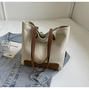 Korean minimalist canvas tote bag casual commuting shoulder handbag for women students.