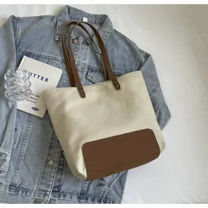 Canvas tote bag for women, casual commuter handbag, Korean style versatile shoulder bag contrast.