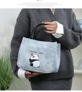 Cute panda print PU leather handbag water-resistant casual tote lunch bag for daily work use.