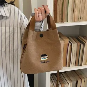 Γυναικείο Casual Canvas Bucket Bag Κορεατικό Στυλ Κέντημα Cartoon Tote Bag Τσάντα Ώμου για Καθημερινή Εργασία Φοιτητές