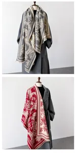 Winter cashmere feel retro paisley pattern scarf detail view, elegant warm shawl for women.