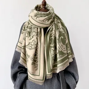 Vintage green beige faux cashmere scarf winter warm thick elegant shawl for women daily wear