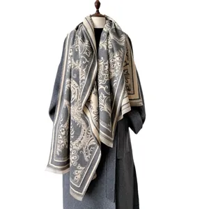 Elegant grey paisley print cashmere feel winter scarf and cozy warm shawl for women stylish daily wear