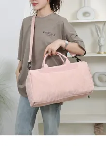 Pink travel bag detail view, highlighting large capacity, durable PU material, and comfortable strap.