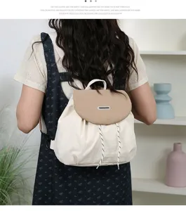Canvas contrast color backpack for women casual stylish travel school daypack beige khaki