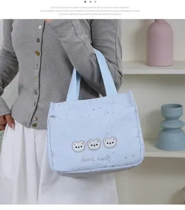 Large capacity commute tote bag, light blue star print fabric handbag with cute bear embroidery.
