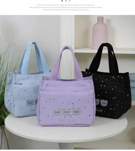 Detailed view of star print canvas tote bag, cute bear embroidery and sturdy handles.