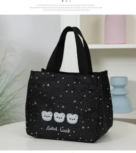 Black star print canvas tote bag, cute bear embroidery and dual top handles for daily use.