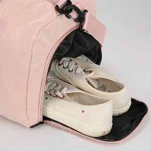 Pink PU travel duffel bag with separate shoe compartment waterproof fitness gym bag for women