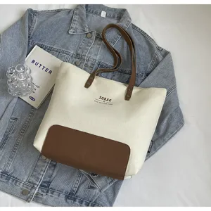 Casual canvas tote bag for women, Korean style shoulder handbag with contrast color design.