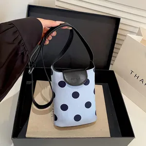 Women's Polka Dot Linen Patchwork Bucket Bag PU Leather Flap Casual Small Crossbody Shoulder Bag