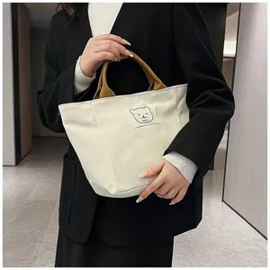 Small canvas handbag for women, cute bear patch daily casual tote bag, lightweight bento bag.