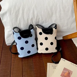Fresh polka dot linen spliced shoulder bag, stylish casual crossbody bucket bag for women.