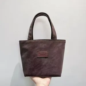 Brown PU leather tote bag for women, large capacity casual handbag and lunch bag daily use.