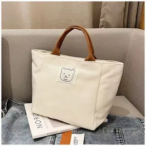Small canvas tote bag for women, cute bear patch daily handbag and lightweight lunch bag.