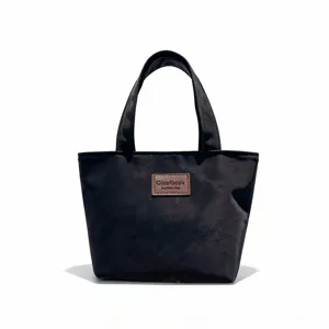 Minimalist black PU leather tote bag, large capacity handbag waterproof lunch bag for women.