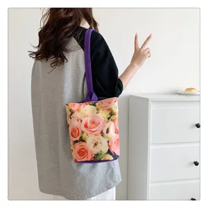 Floral print canvas bucket bag casual handbag lightweight daily shoulder bag cute tote for women