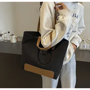 Minimalist canvas tote bag for women casual black shoulder bag with brown leather handles