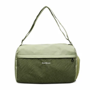 Large capacity sports fitness duffel bag in green grid design for travel and gym use main view.