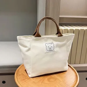 Women Canvas Tote Bag Casual Daily Commuting Handbag Cute Bear Patch Large Capacity Shoulder Bag Shopping Bento Bag