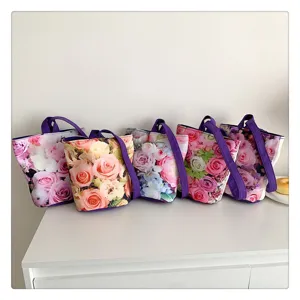 Floral Canvas Bucket Bag Cute Handbag Casual Tote Bag Daily Shopping Tote Style