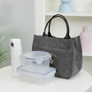 Grand sac à lunch en PU gris avec broderie d'ours mignon et ensemble de boîtes à bento.