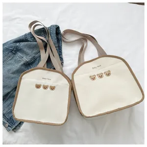 Canvas tote bag cute bear embroidery bento bag casual shoulder handbag daily student bag