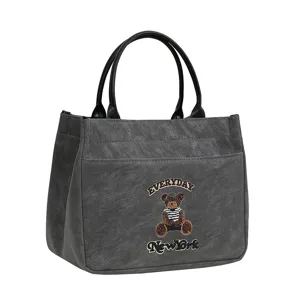Sac à main fourre-tout en cuir PU gris avec broderie d'ours, grand format minimaliste.