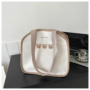 Korean INS Style Canvas Tote Bag Casual Cute Bear Embroidery Handbag Portable Bento Bag