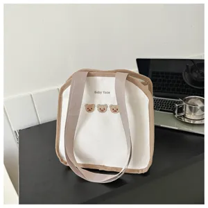 Canvas tote lunch bag cute bear embroidery handbag casual office daily shopping storage