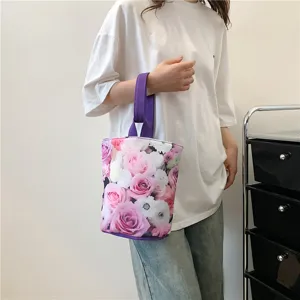 Fresh Floral Print Canvas Bucket Bag Casual Women Handbag Portable Daily Tote Bag