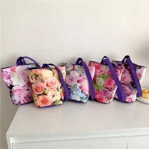 Floral canvas tote bag stylish bucket handbag daily portable casual shoulder bag for women