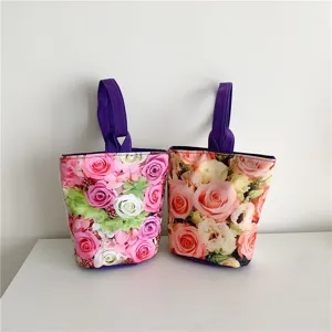 Fresh floral canvas handbag and bento tote bag with purple handles for daily use.