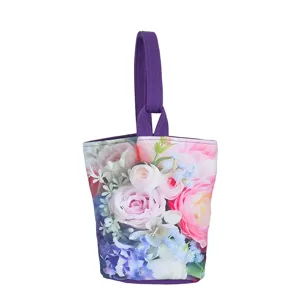 Canvas bucket bag with fresh floral print, lightweight handbag for women daily use.