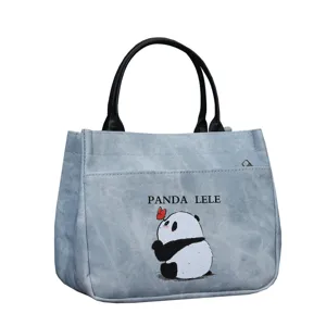 Cute panda printed denim pattern PU handbag casual shoulder lunch bag for daily commuting