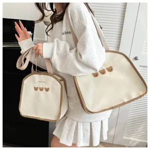 Cute canvas tote bag set with bear embroidery casual shoulder handbag for daily use