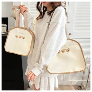 Korean ins style canvas diaper tote handbag with cute bear embroidery lunch bag set