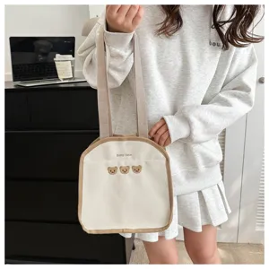 Korean INS style canvas tote bag, cute bear embroidery handbag, casual lightweight lunch bag.