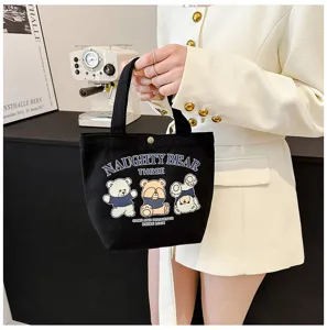 Canvas handbag detail, black tote bag with cute bear prints, casual daily use and office.