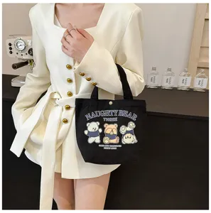 Black canvas tote bag for women, cute bear print casual shoulder handbag daily commuter.