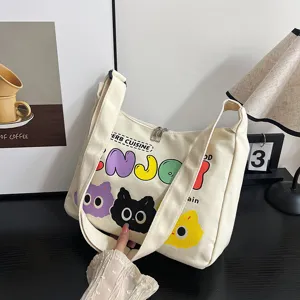 Borsa a tracolla in tela grande capacità borsa tote casual con stampa gatto cartone animato.