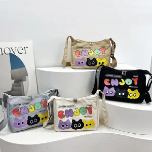 Borsa a tracolla in tela grande capacità borsa crossbody casual stampa gatto carino